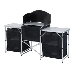 Portable Camping Kitchen Aluminum Table Windscreen 3 Cupboards BBQ Black