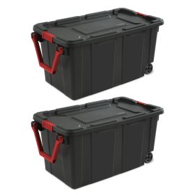 40 Gallon Wheeled Plastic Storage Container with Handle, Black, Pack of 2, Industrial
